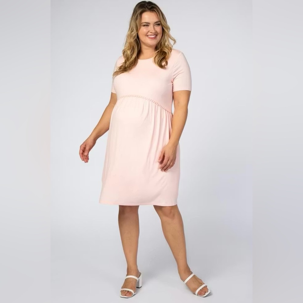 NWT Pink Blush Light Pink Solid Crochet Trim Maternity Shift Dress